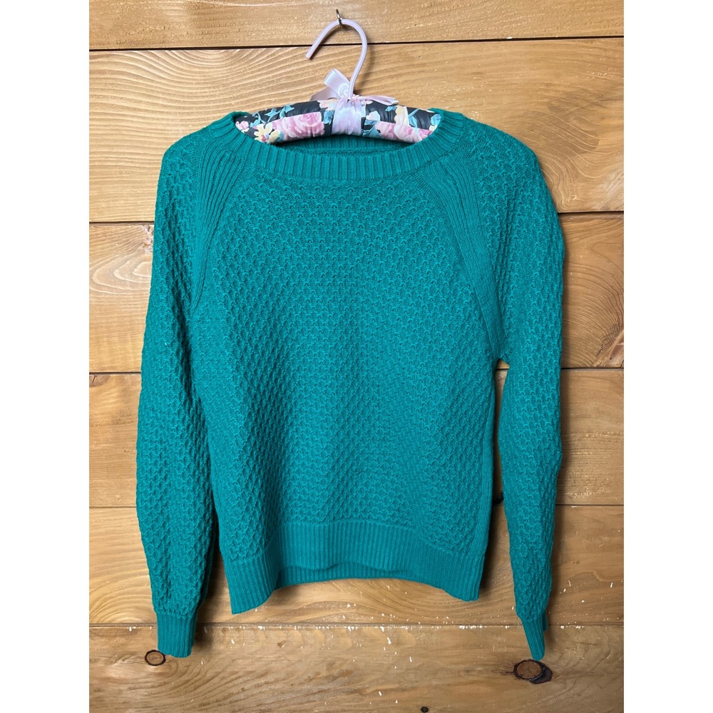 LOFT‎ Petites Teal Green Textured Knit Sweater Women's MP Cotton Boxy Colorful